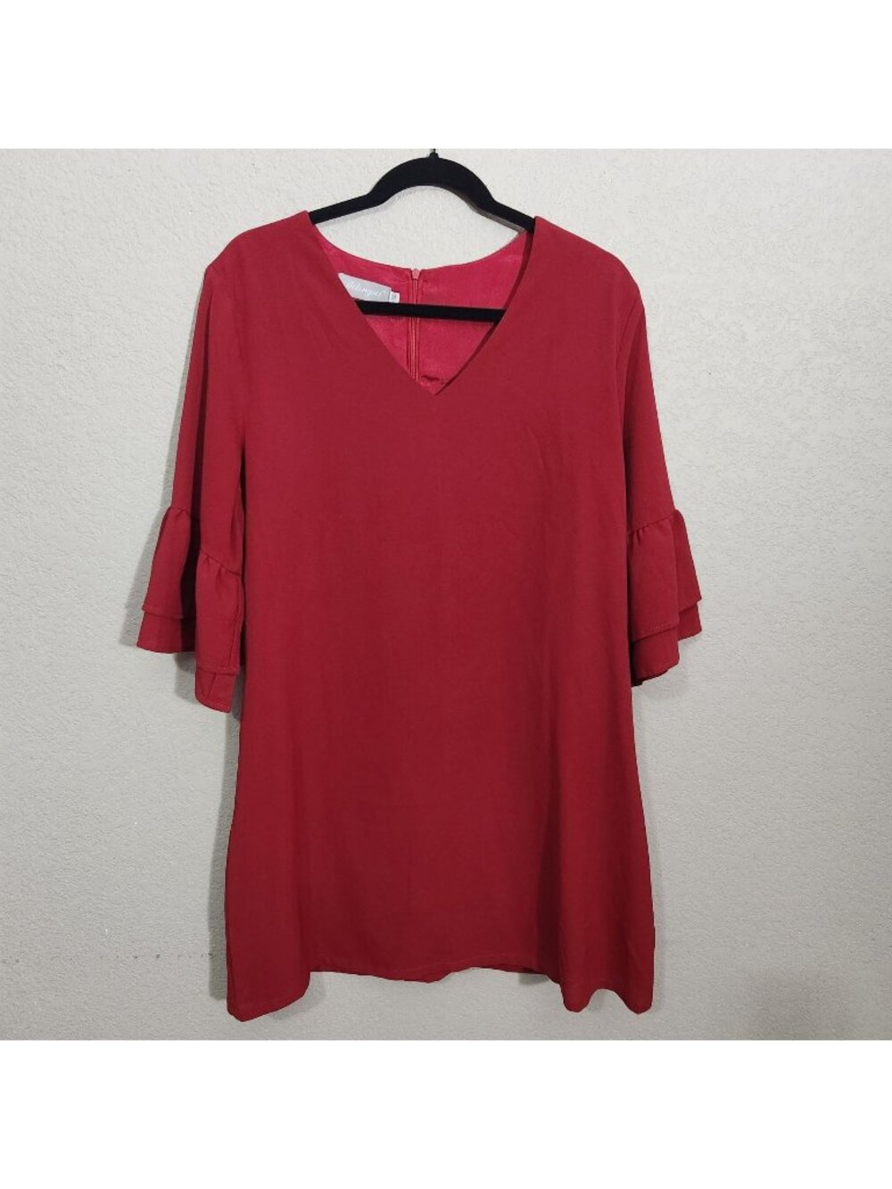 Belongsci Shift Dress Womens Size XL Red Ruffle Bell Sleeve Flaw